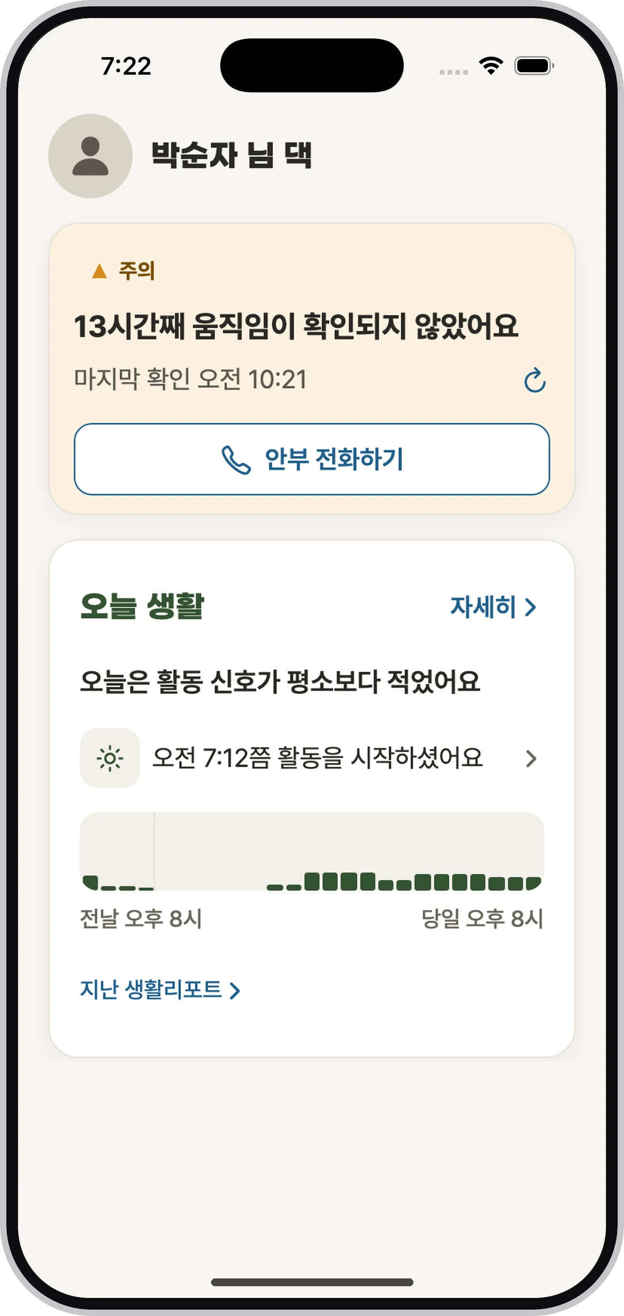 13시간째 움직임이 확인되지 않은 상태와 안부 전화하기 버튼