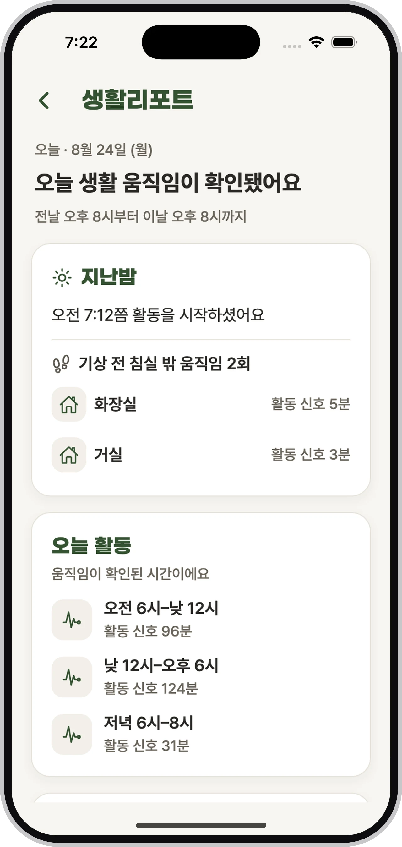 늘곁 생활리포트 — 기상 시각과 기상 전 침실 밖 움직임, 시간대별 활동 신호